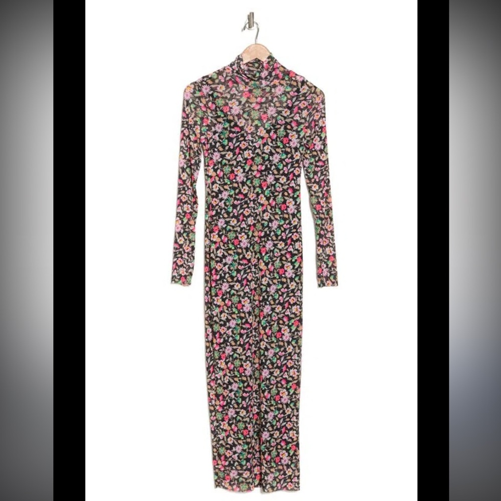 AFRM Floral Long Sleeve Turtleneck Mesh Dress
